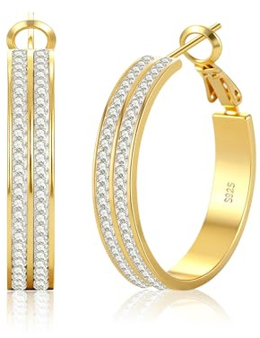 LOUMILEO 5MM Creolen Silber 925 für Damen Leicht funkelndes Gold Strass Doppeltes Rhinestone Ohrringe Gold Hypoallergene Creolen Silber mit Kubischem Zirkonia Schmuck Geschenk 30MM / 40MM