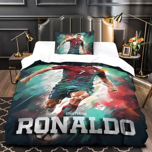 ZIMONJO Ronaldo 2 Pezzi 3D Stampa Digitale Calcio Set Copripiumino Copripiumino Con Cerniera Microfibra Morbido E Federe Set Di Biancheria Da Letto Per Bambini Single（135x200cm）
