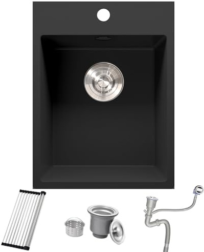 Bokaiya Fregadero Granito Negro 38x50cm, Cocina 1 Seno Sobre encimera al mueble 30cm, Minilavabo de Cocina para Exteriores, para RV, con Rebosadero, Rejilla Enrollable y Sifón