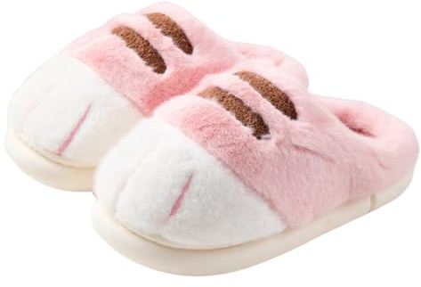 Katttasstofflor för damer Söta luddiga plyschhusskor Vinter Varm och mysig djurtassdesign Mjuk lurvig Slip-On Halkfri inomhusskor för hem i sovrummet,Pink,40 EU