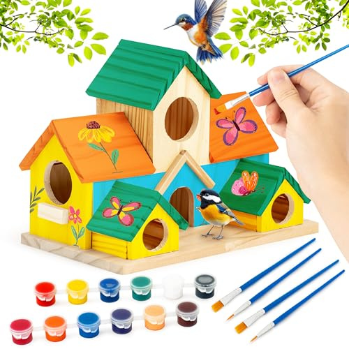 Wood Homing DIY Holz Vogelhaus Bastelset – Vogel Nistkasten Bastelset mit Farbe & Pinseln zum Selbstgestalten für Kinder Erwachsene Garten Deko Futterhaus für Wildvögel Oster Geschenk Bastelspaß