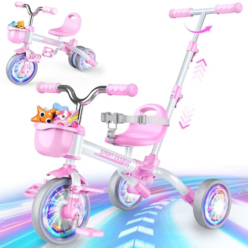 5 in 1 Triciclo per Bambini Evolutivo, Bicicletta Bambini 1-5 Anni-Ruote Luminose/Maniglia Parentale/Sedili&pedali Regolabili, Giochi Bambini Regalo Gioco Bambina 1-5 Anni Giochi Da Esterno Pasqua