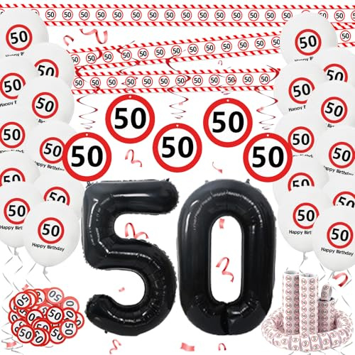 Whimzey Verkehrsschild Deko 50. Geburtstag Mann Frau, 50 Geburtstag Deko Set, 50 Geburtstage Frau Mann Geburtstagsdeko mit Zahl 50 Folienballon,Absperrband,Konfetti,Luftschlangen,Luftballons, Spiralen