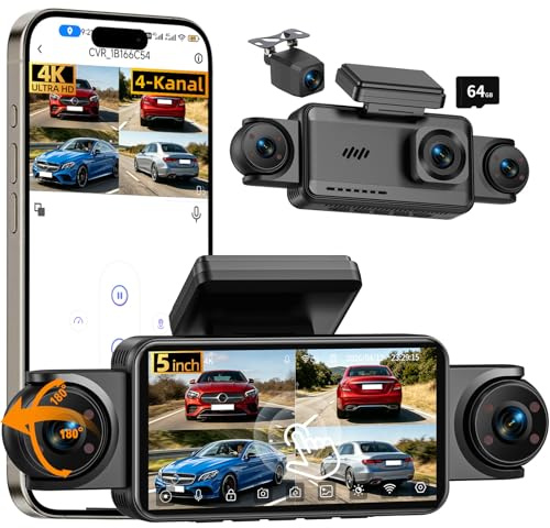 4k Dashcam Auto Vorne Hinten mit Touchscreen 5 Zoll,360° View 4 Kanal Dash Cam,Auto Kamera mit WDR-Nachtsicht(8 Ir-LEDs),Kostenlose 64GB-Karte,4×140° Weitwinkel,24/7 Parkmodus,G-Sensor,Loop-Aufnahme