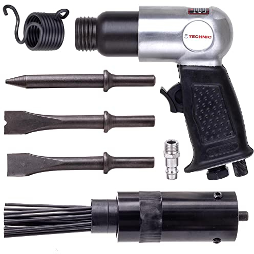 TECHNIC AT-8039DA Marteau Pneumatique avec Détartreur à Aiguilles et 3 Ciseaux à Bois Forme Pistolet Ciseaux à Bois Ronds à Douille 19 Aiguilles avec 18 cm de Diamètre Vitesse de Travail 4500 tr/min