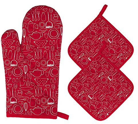 Guanti da Forno e Presine da Cucina Set di Guanti da Forno Resistenti al Calore Pratico Cotone Fodera Guanti da Barbecue per Cucinando Cottura Grigliare BBQ 3 Pezzi (Rosso)