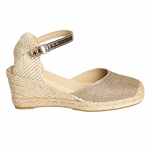 Non è lo stesso - Espadrillas in iuta con zeppa da donna | Sandali estivi piattaforma 5 corde Sparto con fibbia a punta chiusa | argento iridio colore stampato taglia 35 al 41