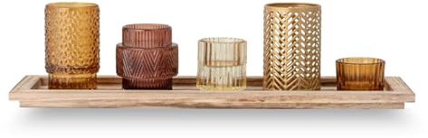 Bloomingville Sanga Windlicht & Kerzenhalter Set – Holz Tablett mit 5 braunen Glas-Votivgläsern (6-teilig, 43×10,5×12,5 cm) – Skandinavisches Deko Tablett für Wohnzimmer & Esstisch