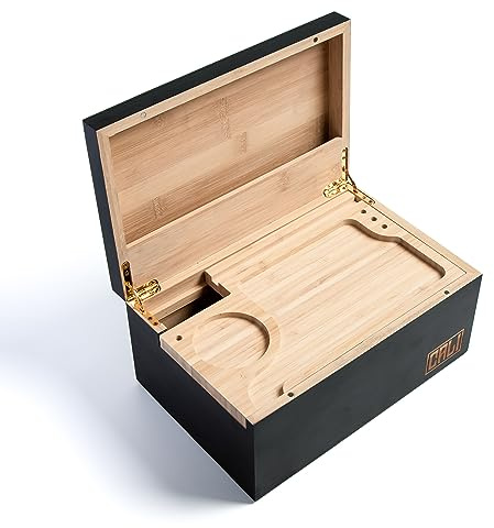 CALI Große Aufbewahrungsbox für Raucherzubehör, 100 % natürlicher Bambus, mit ausziehbarem Rolltablett, 27x13x18 cm, Schwarz