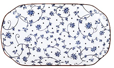 Gegong 12 inch Fish Plate Blue and White Porcelain Dish Serving Plate Floral Dinner Shallow Plate Appetizer Salad Dessert Snack Plate (Tang Grass)