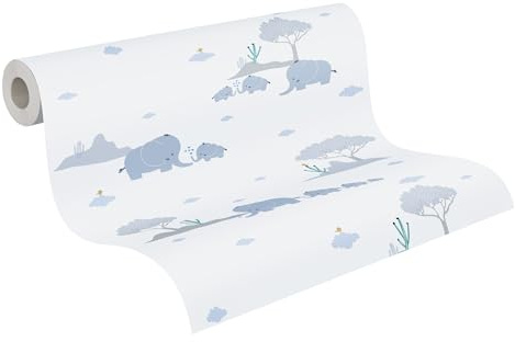 A.S. Création Kinderzimmertapete Little Love Tapete mit niedlichen Elefanten PVC-freie Vliestapete blau grau weiß grün gelb seidenmatt glatt 381281