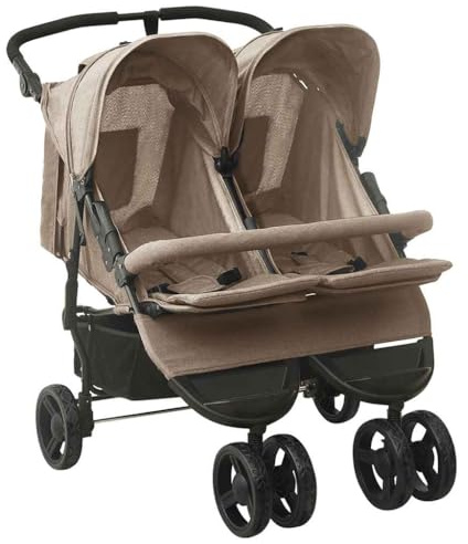vidaXL Geschwisterwagen mit Frontstoßstange Korb Zusammenklappbar Verstellbar Kinderwagen Zwillingswagen Zwillingsbuggy Buggy Taupe Stahl