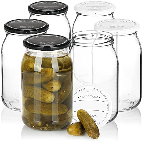com-four® tarros de conserva 6x con tapa de rosca Homemade with love en blanco y negro - HASTA Ø 82 mm - hasta aprox. 948 ml