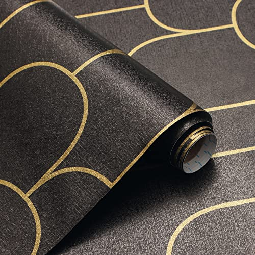 CiCiwind 44 x 600 cm, carta da parati autoadesiva, motivo geometrico, colore nero, oro, autoadesiva, per mobili, impermeabile, per soggiorno, camera da letto, mobili, in vinile
