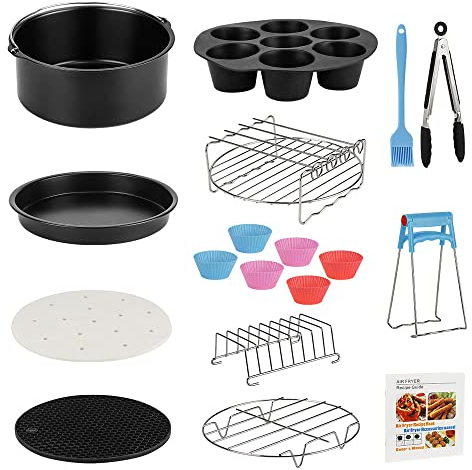 Heißluftfritteuse Zubehör Set, 8 Zoll 13-teilige Airfryer Zubehör Set für 3.8-5.5L Heißluftfritteusen mit Rezepte, Antihaft-Kuchenförmchen, Pizzablech, Silikonpfanneneinlage, Muffinförmchen usw.