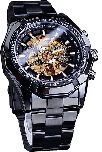 FORSINING Herren-Armbanduhr, selbstaufziehend, Skelett, ausgehöhlt, mechanisch, automatisch, luxuriös, blaues schwarzes Edelstahlband, wasserdichte Armbanduhr, Schwarz Gold, Modern