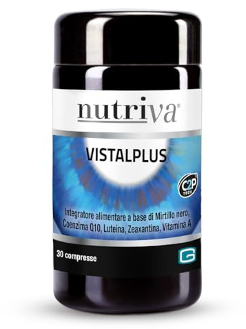 NUTRIVA Vistal Plus è un integratore Alimentare Benessere Vista, Occhi Stanchi e Affaticati, Nutriva Vistalplus, Mirtillo Nero, Q10 e Vitamina A, 30 Compresse, Vegan