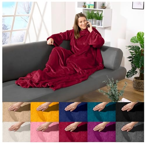 heimtexland ® Ärmeldecke TV Kuscheldecke mit Ärmeln Taschen Fußsack Super Soft Flanell tragbare Decke Ganzkörperdecke Typ870 Bordeaux Rot 180x150 cm