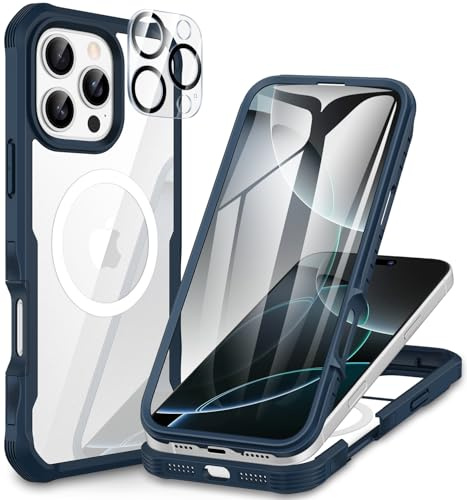 CENHUFO Compatible with iPhone 16 Pro Case Fits for Magsafe, Built-in Glass Screen Protector with Camera Lens Protector, 360 Full Body Protective Phone Case for iPhone 16 Pro 6.3 Inch -Blue
