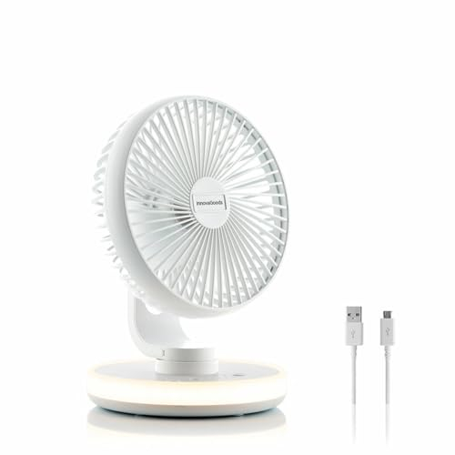 InnovaGoods® Mini Ventilador de Sobremesa Con Luz LED 3 Intensidades 39 LED-4 W, Silencioso 3 Velocidades, Oscilante, Orientación Ajustable 90º