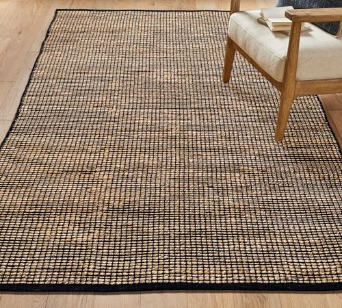 Chardin home 5x7 Jute Cotton Handwoven Area Rug | Braided Boho Farmhouse Rug in Natural Jute/Black | Rustic Vintage Floor Covering for Living Room, Bedroom, Kitchen, and Entryway