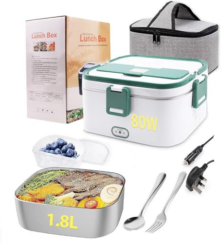 Homtibrm Electric Lunch Box 80W 3 in 1 Heated Lunch Box with 1.8L 304 SS Container/Insulated Bag/Large Cutlery Set,12V 24V 220V Food Warmer for Car Truck Office School and Home Use White (White, 80W)