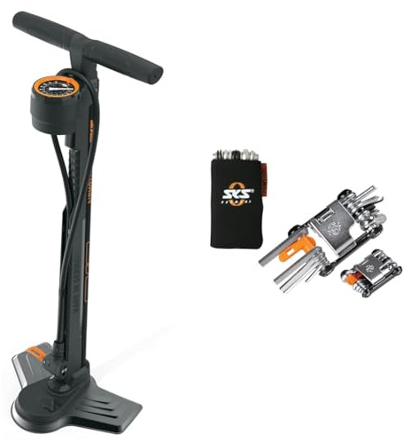 SKS Metaplast Unisex – Erwachsene Airmotion 12.0 Standpumpe, Schwarz, One Size & Tom Mini-Tool Multifunktionswerkzeug Fahrrad