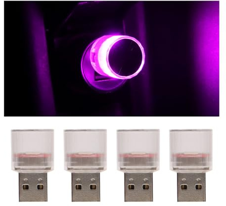 CGEAMDY 4 Stück Mini USB LED Licht Autozubehör, USB Freie Installation Auto Umgebungslicht, Freie Installation Auto-Ambiente-Licht Autozubehör für Autos SUVs LKWs(Rosa Violett)