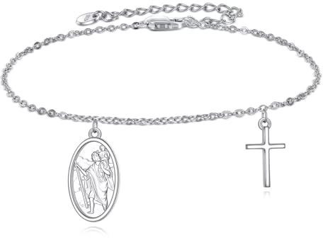 YFN Cruz Pulsera 925 Plata de Ley Medalla de San Cristóbal Pulsera Ajustable Joyería Religiosa Regalos Para Hombres Wome