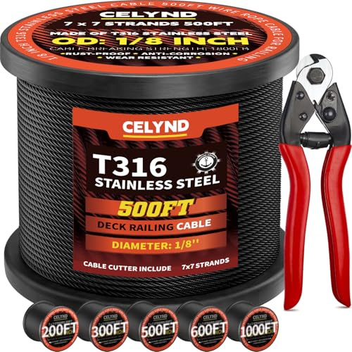 Black Stainless Steel Cable for Railing - 500FT 1/8 T316 Wire Rope for Deck Cable Railing System Kit