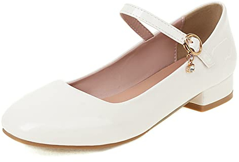 Gicoiz Boda Mary Jane Mujer Block Tacón Bajo Comodo Bomba Correa de Tobillo Punta Quadrada Moda Fiesta Oficina Trabajo Formal Zapatos Shiny Blanco Talla 39 EU-40Cn