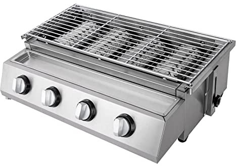 Barbecue a gas da tavolo, con 4 bruciatori, con copertura in acciaio per cortile, giardino, terrazza, terrazza e balcone, colore: argento