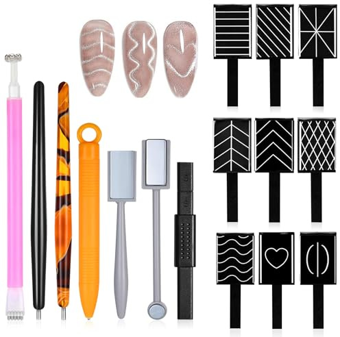Nail Magnet Set,16PCS 3D Cat Eye Magnet for Nails,Magnetic Nail Tools | Portable DIY Magnet Stick Set, Use with Gel Polish for Creating the Ideal Cat-eye Effect