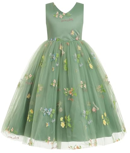 Odizli Blumenmädchenkleider Prinzessin Kleid Mädchen Kinder Ärmellos V-Ausschnitt Gestickte Tüllkleid Festliche Hochzeit Erstkommunion Kommunionkleid Geburtstag Lang Ballkleid Grün 4-5 Jahre