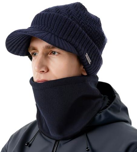 Comhats Winter-Set mit Wollgestrickter Schirmmütze und Fleece-Schal/Halswärmer für Herren und Damen - Warme gestrickte Schirmmütze Schwarzblau XL/XXL