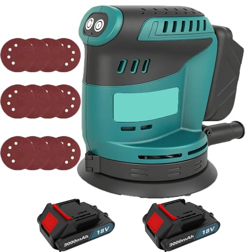 Burshless Orbital Sander for Makita 3000mAH*2 Battery Cordless Random Orbital Sander, 11000RPM 3 Variable Speeds, 12Pcs Sandpapers, with Dust Collection