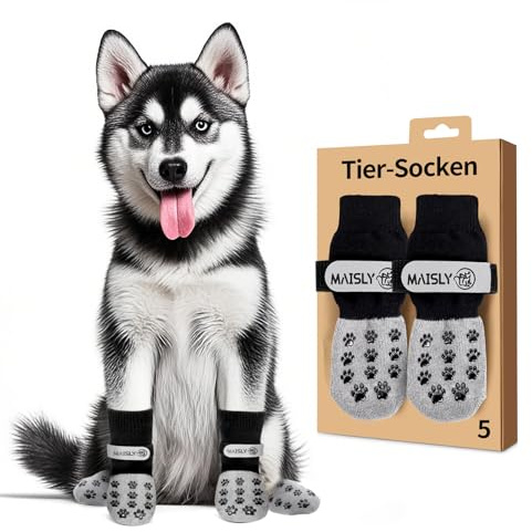 Maisly 5Stück Doppelseitige Anti-Rutsch Hundesocken mit Verstellbaren Riemen für Innen- und Außenbereich - Pfotenschutz und Traktionskontrolle auf Hartholzboden (Schwarz, M)