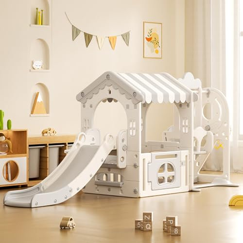 FUKEA Kids Playhouse Slide, Swing and Slides Set with Building Block Board(Contain 60 Blocks), Large Playground Slides for Toddlers Age 1-3 Indoor Outdoor,Garden kid Slides