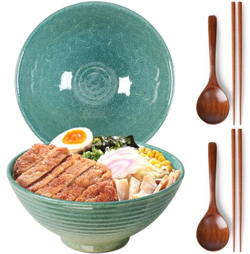 NUTRIUPS Lot de 2 bols à ramen en céramique de 1200 ml, avec baguettes et cuillères, grand bol à soupe de 20 cm, vert glacé
