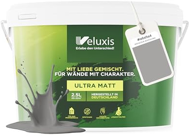 Veluxis Wandfarbe Grau Hellgrau Anthrazit matt 2,5 L – Attractive Anchovies | Innenfarbe mit Deckkraft Klasse 1, VOC-frei, ohne Grundierung, tropfarm, für Wohnzimmer und Schlafzimmer
