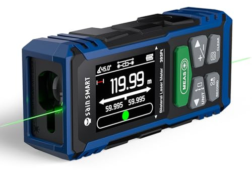 Strumento di misurazione laser doppio SainSmart, misuratore di distanza bilaterale verde ricaricabile da 393 piedi/120 metri con LCD retroilluminato, sensore di lunghezza/area/volume/angolo