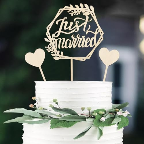 GoldRock Holz Just Married Deko Cake Topper Hochzeit, 3 Stk Tortendeko Hochzeit, Just Married Hochzeitstorte Deko,Tortenstecker Hochzeiten,Hochzeitsdeko Torte Herz, Tortentopper für Verlobung, Wedding