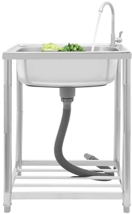 Czyurachel Fregadero de pie de acero inoxidable con grifo giratorio de 360°, fregadero para camping con estante inferior, patas ajustables, 60 x 45 x 82 cm, color plateado