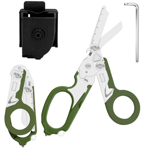 Zengjunwei 6-In-1 Faltbar Rettungsschere, für Outdoor Camping, Tinte grün | Trauma Schere, Notfallschere, verbandsschere, Mit K-Schutzhülle, Schraubenschlüssel für Professionelle Rettungsdienste