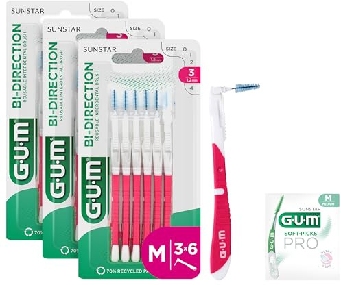 GUM BI-DIRECTION Scovolini interdentali a doppia posizione | Posizionamento a 90 gradi | pulizia dei denti e rimozione della placca | 1.2mm, ISO 3 | Taglia M |​ Confezione 3x6 + 1 campione gratuito