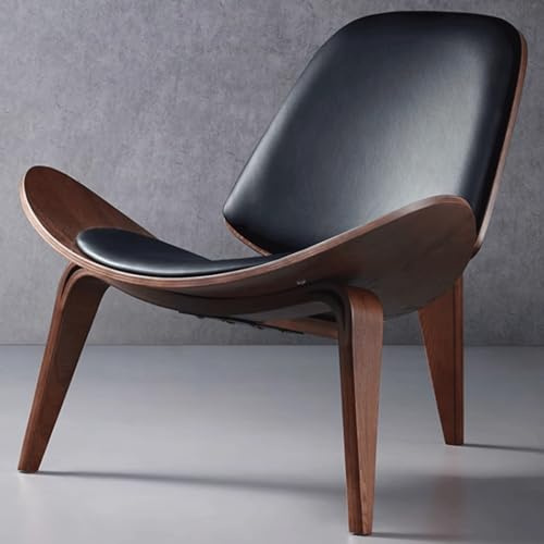 Solid Wood Mid Century Chair Tripod Shell Design Single Leather Accent Chair Suitable for Living Room Hotel Office Black