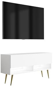3E 3xE living.com Meuble TV 100 cm Blanc Mat, Pieds obliques dorés, LED Blanche, 100 × 32 × 52 cm