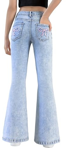 Peakpride Girls High Waist Flare Jeans Y2K Stretch Denim Pants with Bows on Pockets Trousers Back to School Outfits