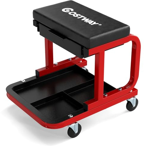 GOOPLUS Taburete de Taller con Ruedas, Taburete de Mecánico con Asiento Acolchado, Cajón Extensible, Bandeja para Herramientas, Ruedas Giratorias 360°, Silla de Trabajo, Carga 185 kg (Negro)