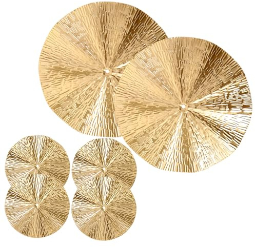 SAFIGLE 6pcs Gold Metal Wall Art Disc, Modern Sunburst Wall Decor with Irregular Round Design, Creative Metal Accent for Living Room, Office, Home Decoration 9.64In Diameter